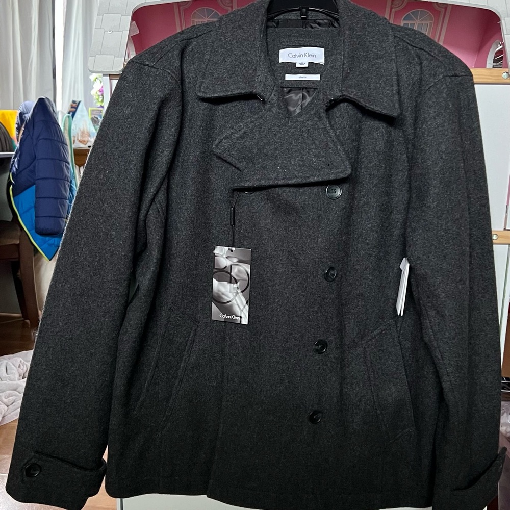 Calvin Klein Men's gray wool double breasted peacoat slim fit size L